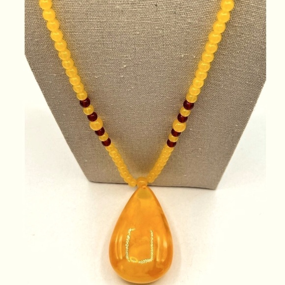Reconstituted Amber Teardrop Pendant, Yellow and Red Beads - Picture 1 of 8